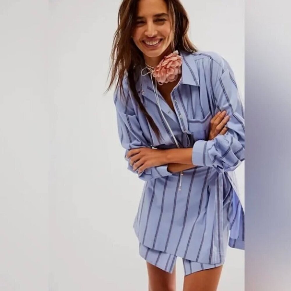 Free People High Vibrations Button-Down Shirt Dress Mini Long Sleeve Size Medium